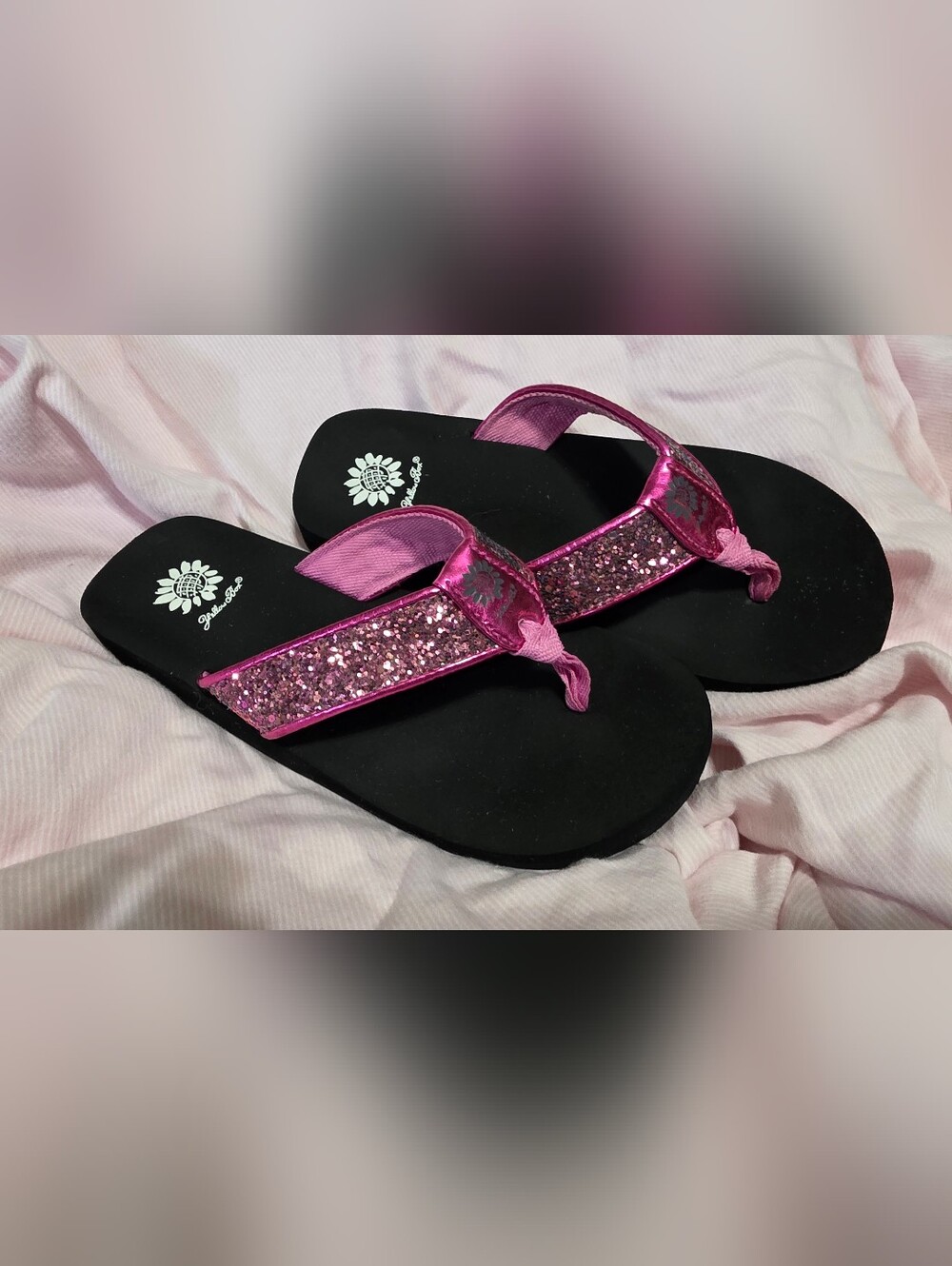 Yellow Box Big Girls Size 4 Pink Sparkly Glitter Thong Sandals Flip Flops